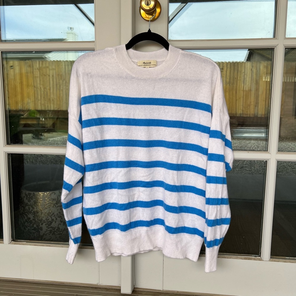 Madewell White and Blue Striped Crew Neck Sweater